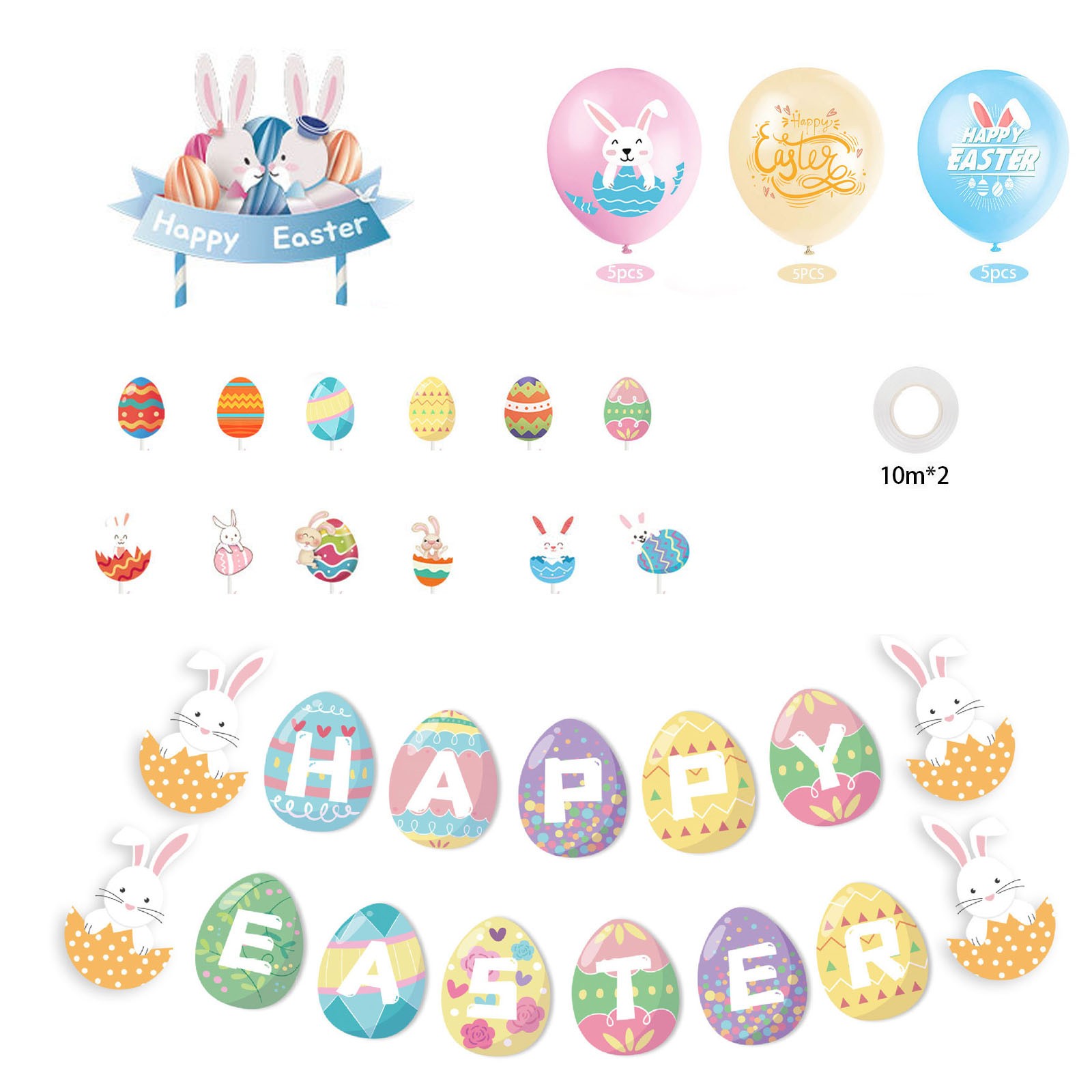 Easter Decoration Set 31 Pcs Happy Easter Bunny Decorations Kits Cake Topper Blue Yellow Latex For Spring Easter Themed Bunny Banner For Easter